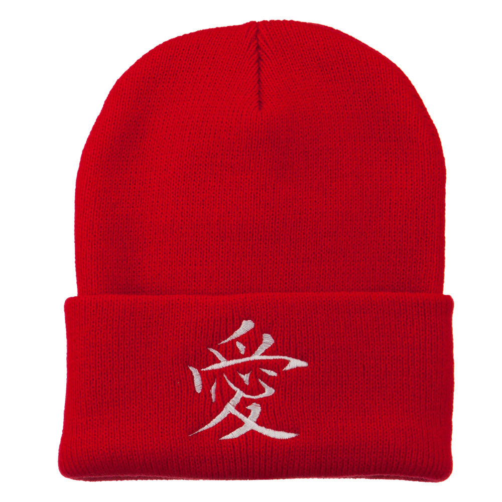 Chinese Symbol Love Embroidered Long Beanie - Red OSFM