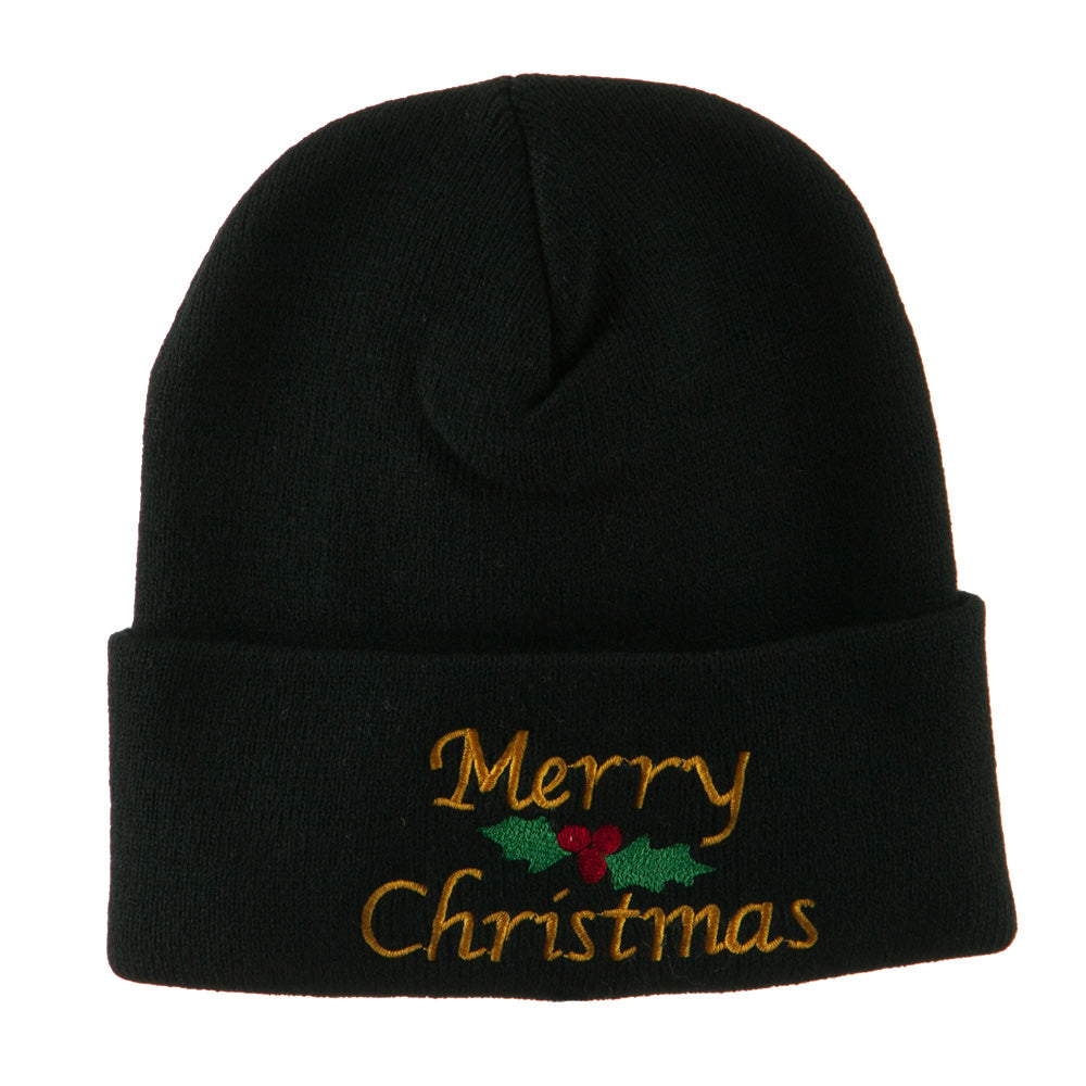 Merry Christmas Embroidered Long Beanie - Black OSFM