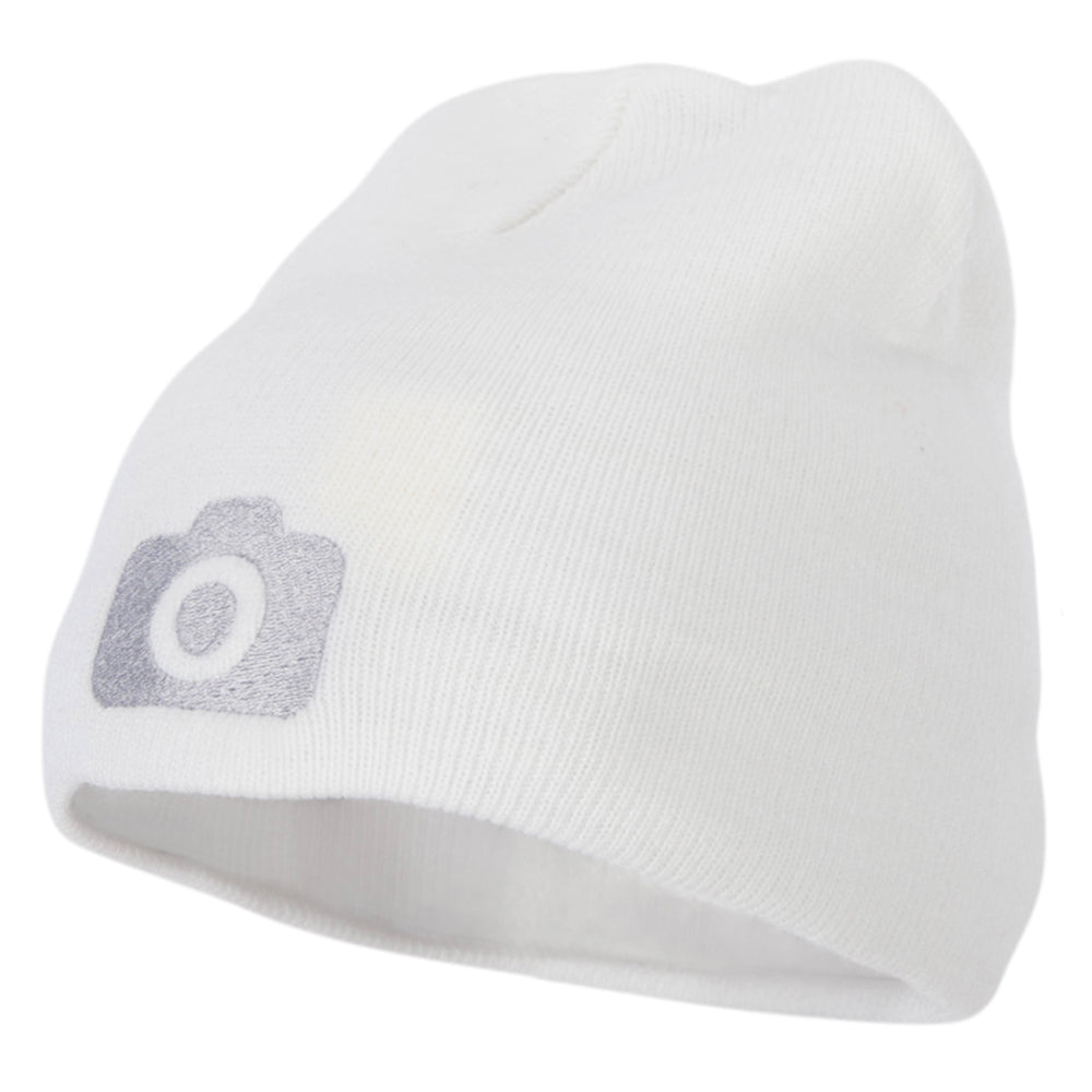 Camera Design Photographer Embroidered 8 Inch Knitted Short Beanie - White OSFM