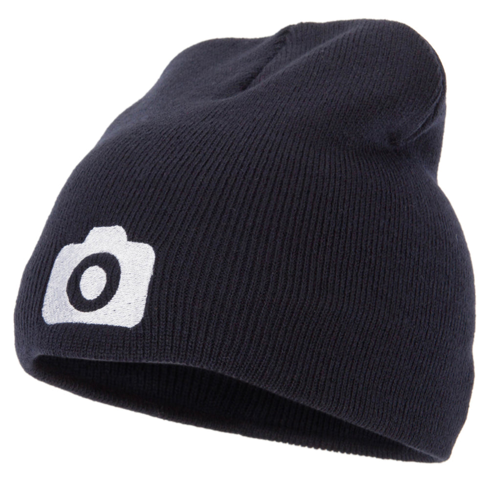 Camera Design Photographer Embroidered 8 Inch Knitted Short Beanie - Navy OSFM