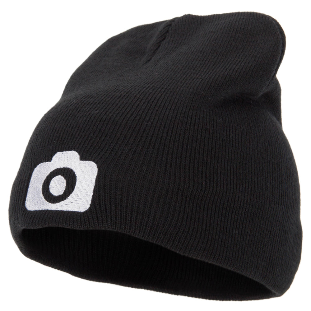 Camera Design Photographer Embroidered 8 Inch Knitted Short Beanie - Black OSFM