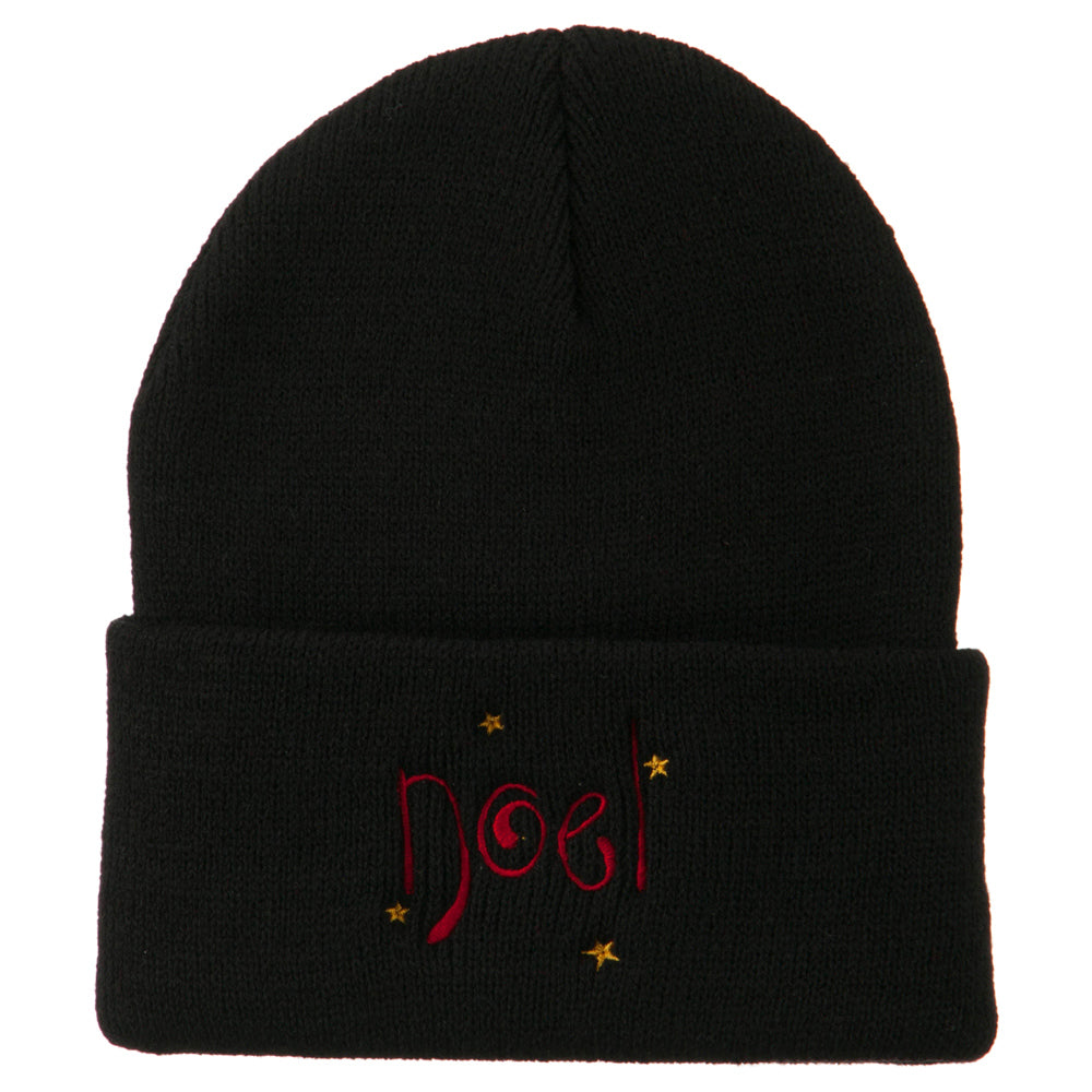 Noel with Stars Embroidered Long Beanie - Black OSFM
