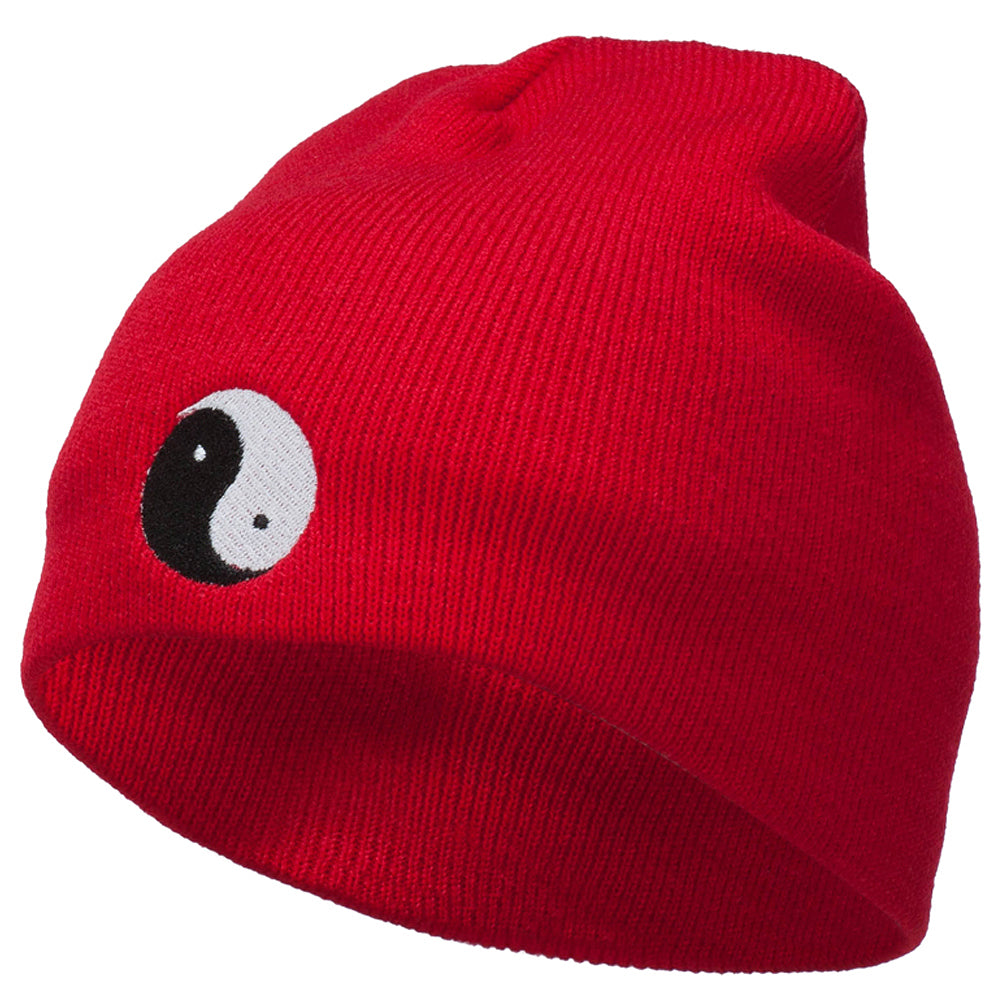 Chinese Yin Yang Symbol Embroidered Short Beanie - Red OSFM