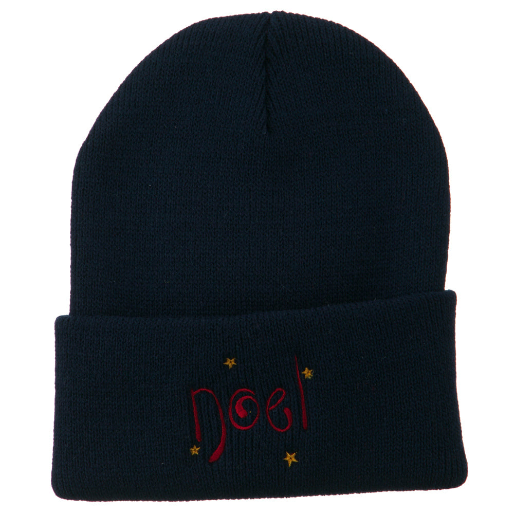 Noel with Stars Embroidered Long Beanie - Navy OSFM