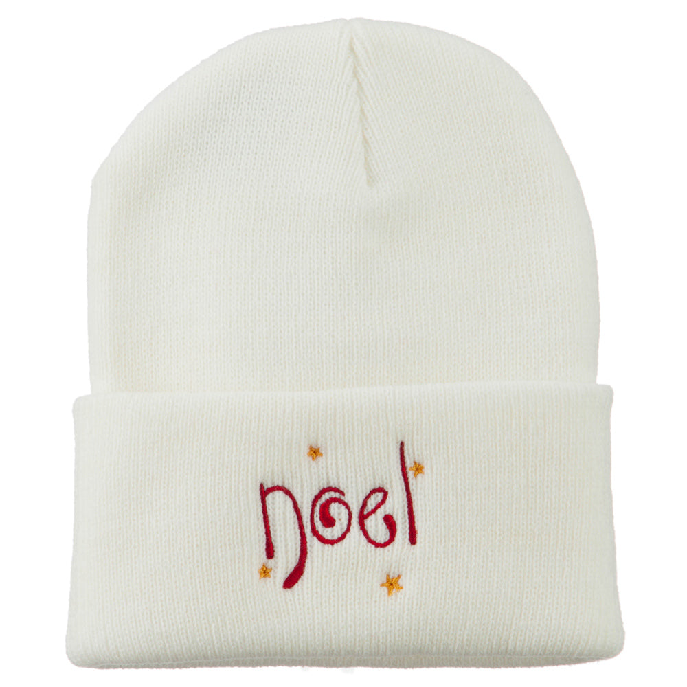 Noel with Stars Embroidered Long Beanie - White OSFM