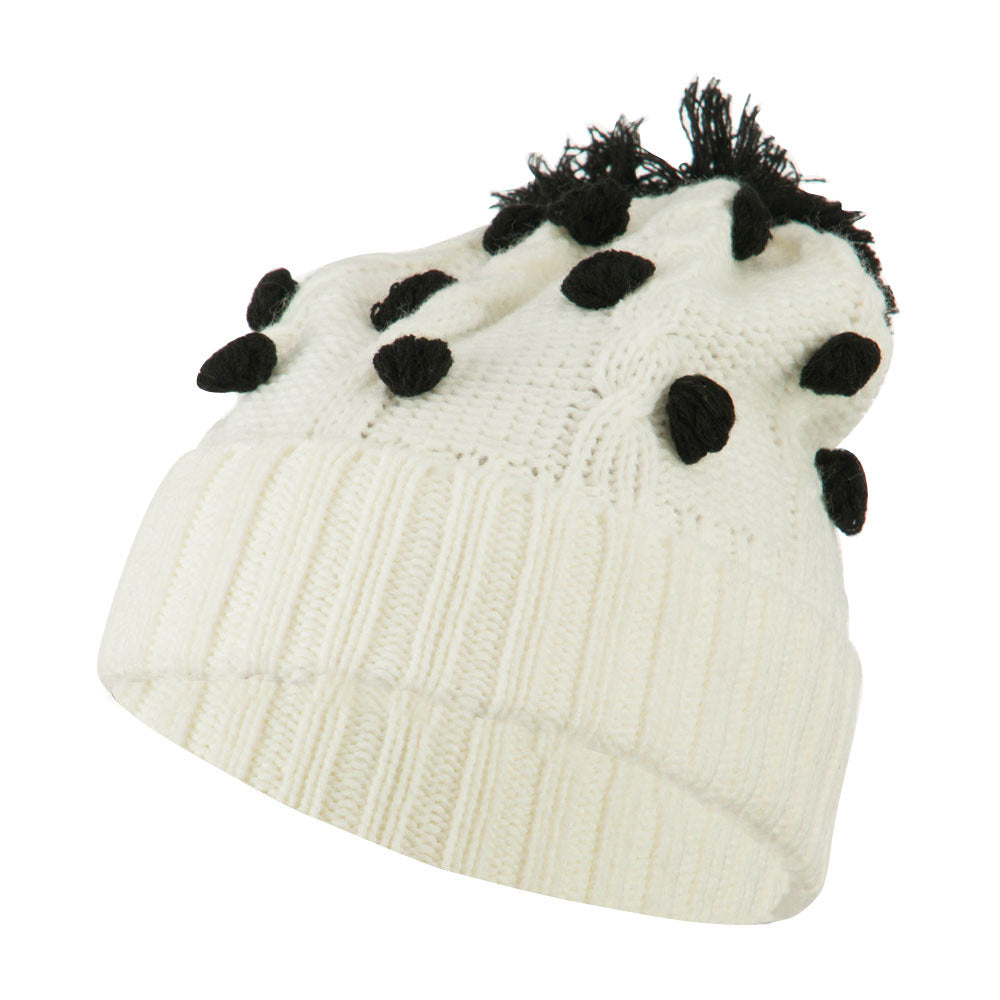 Cable Polka Dot Pom Cuff Beanie - White OSFM