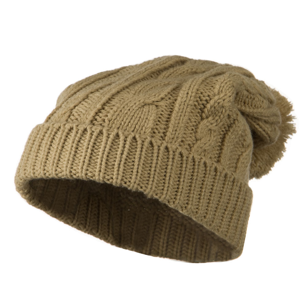 Cable Knit Hat with Pom Pom - Beige OSFM