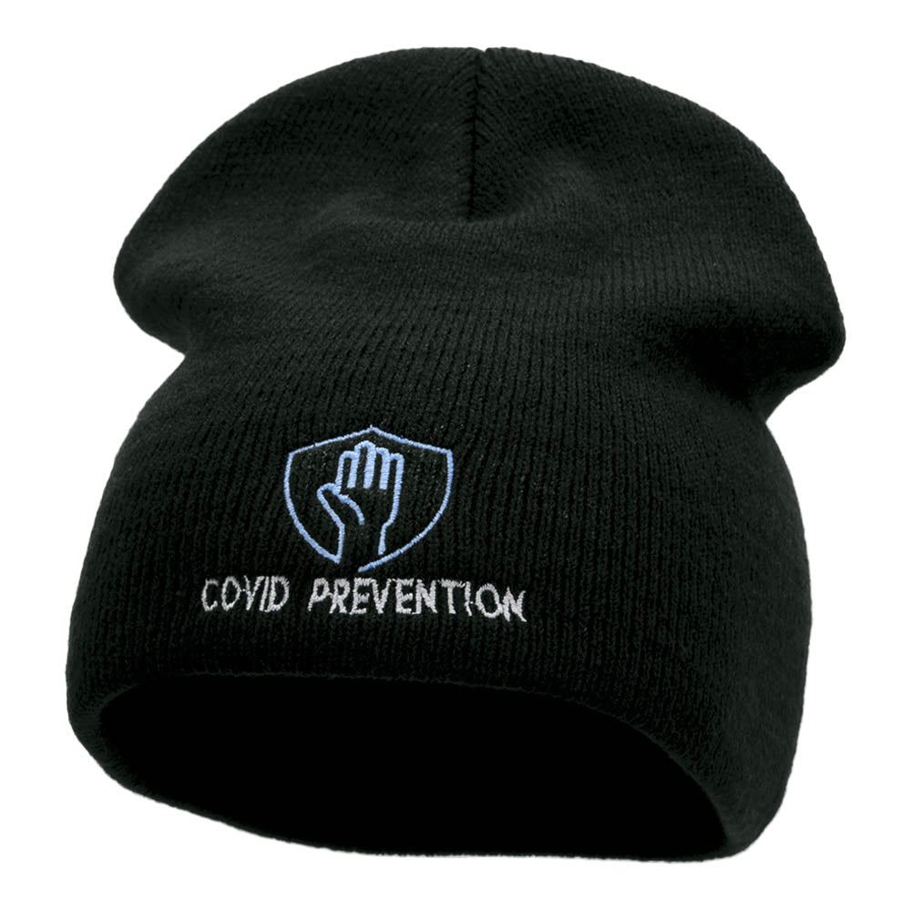 Covid Prevention Symbol Embroidered Short Knitted Beanie - Black OSFM