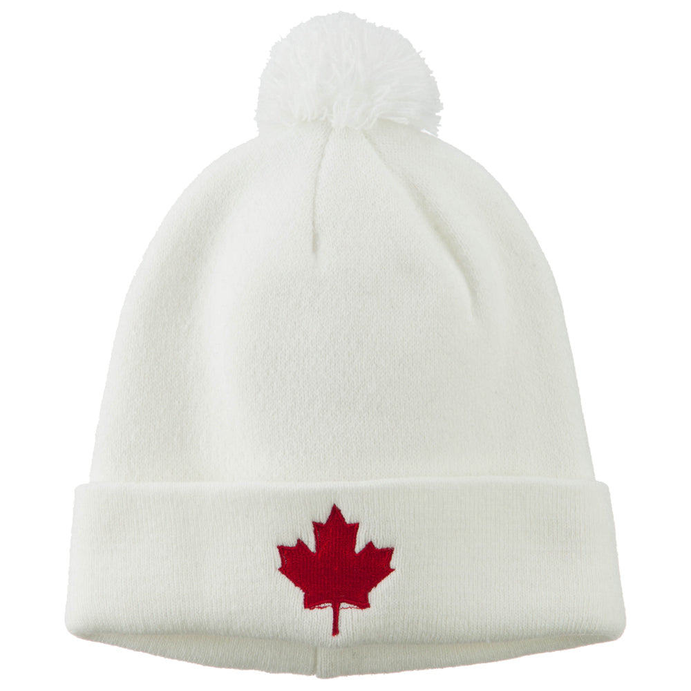 Canada Maple Leaf Embroidered Pom Beanie - White OSFM