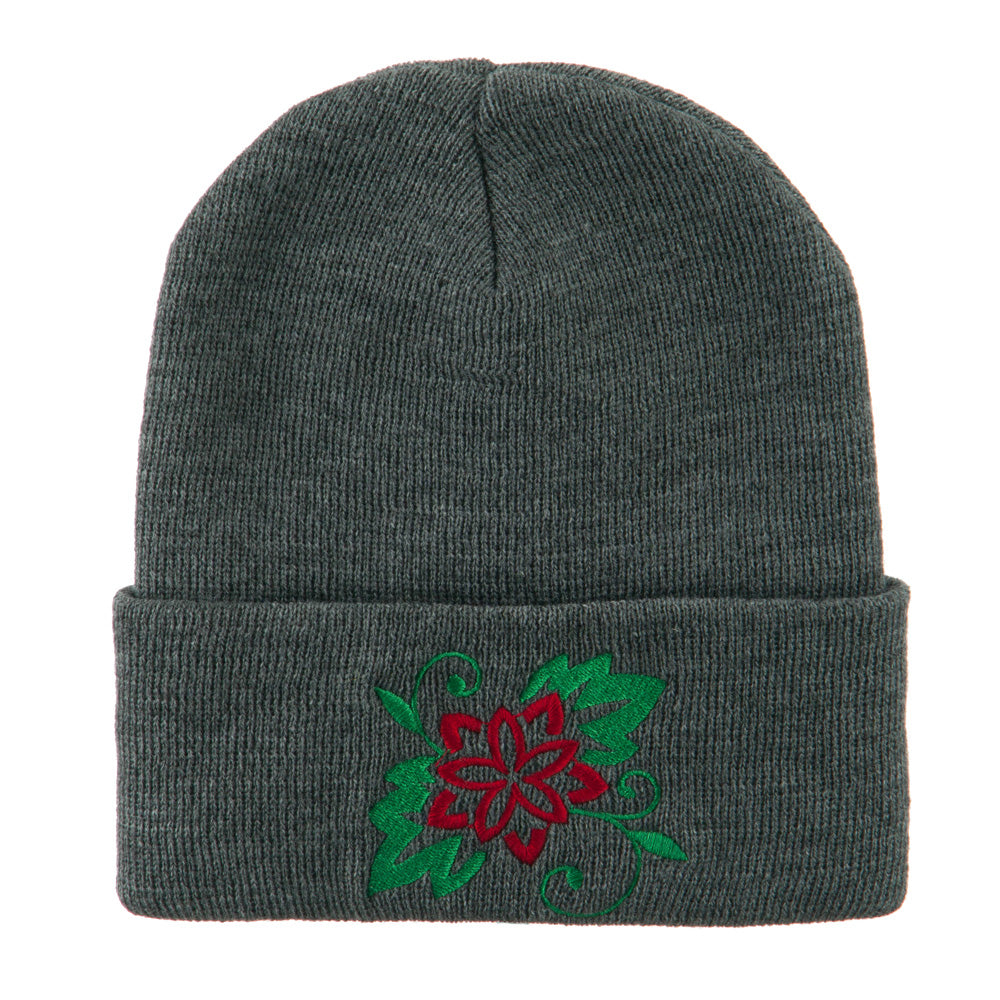 Christmas Poinsettia Flower Embroidered Long Beanie - Grey OSFM