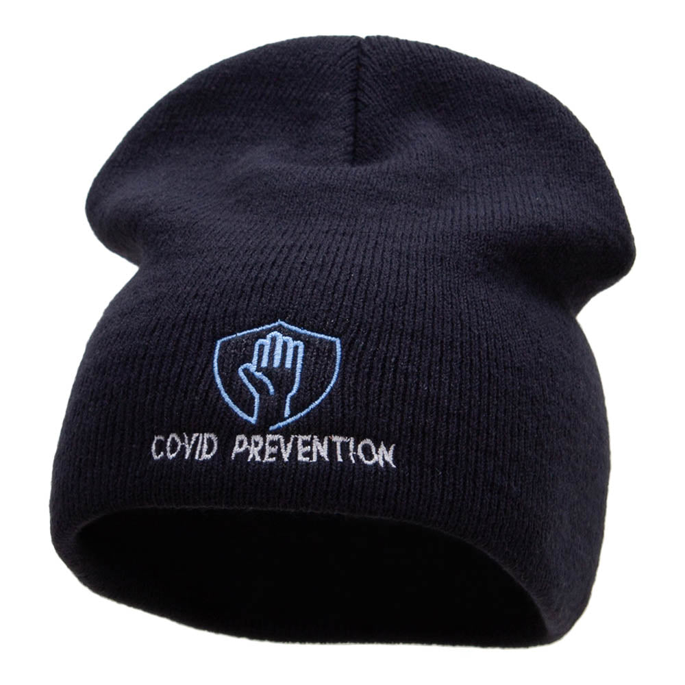 Covid Prevention Symbol Embroidered Short Knitted Beanie - Navy OSFM