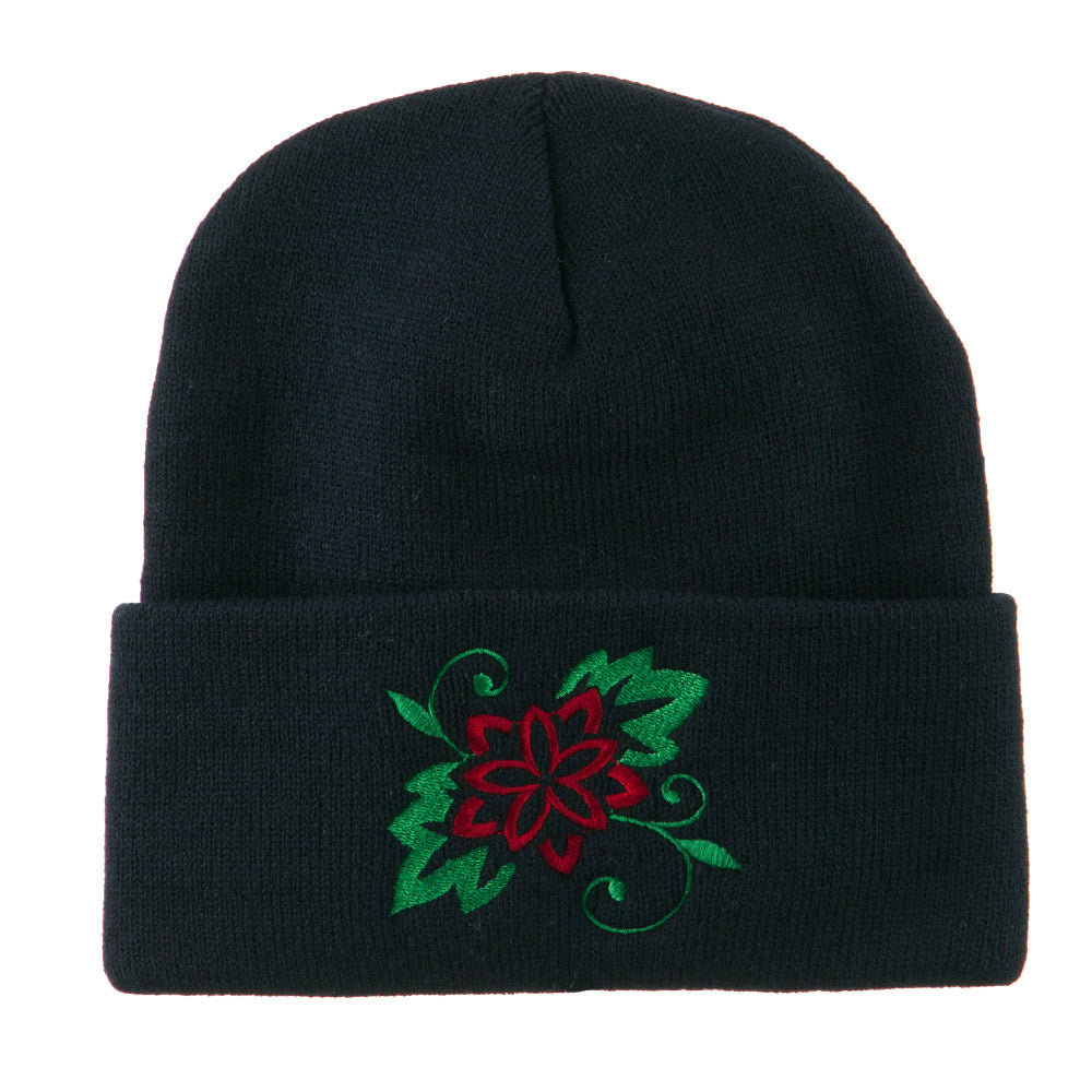 Christmas Poinsettia Flower Embroidered Long Beanie - Navy OSFM