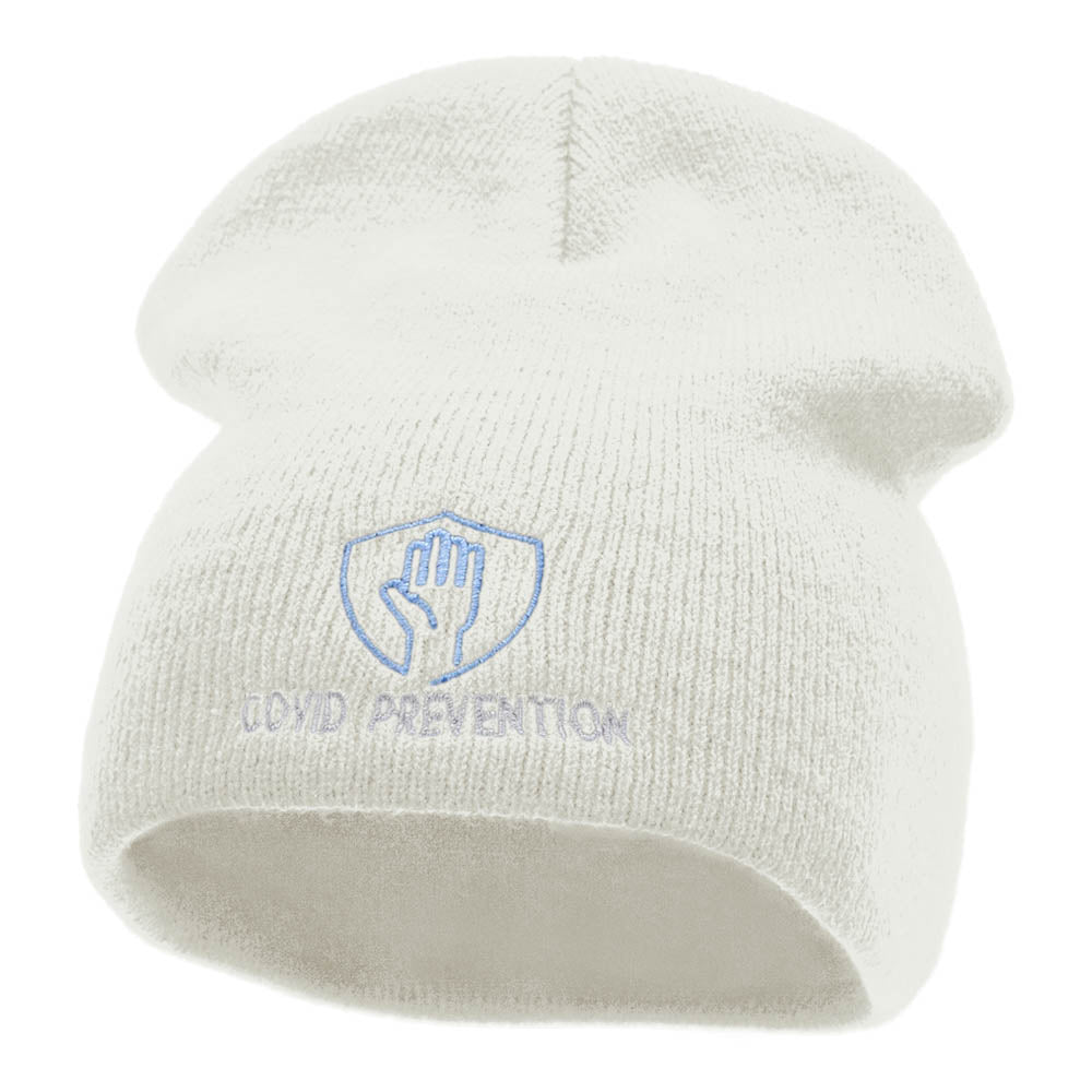 Covid Prevention Symbol Embroidered Short Knitted Beanie - White OSFM