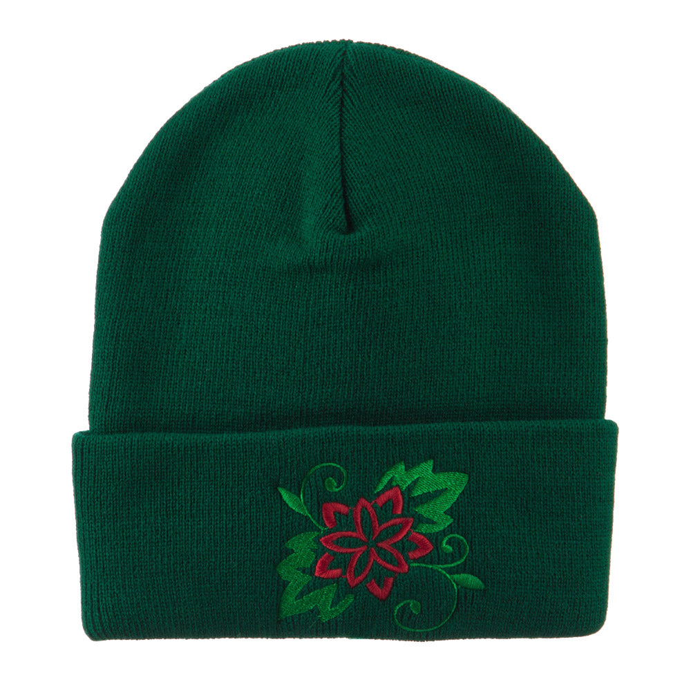 Christmas Poinsettia Flower Embroidered Long Beanie - Green OSFM