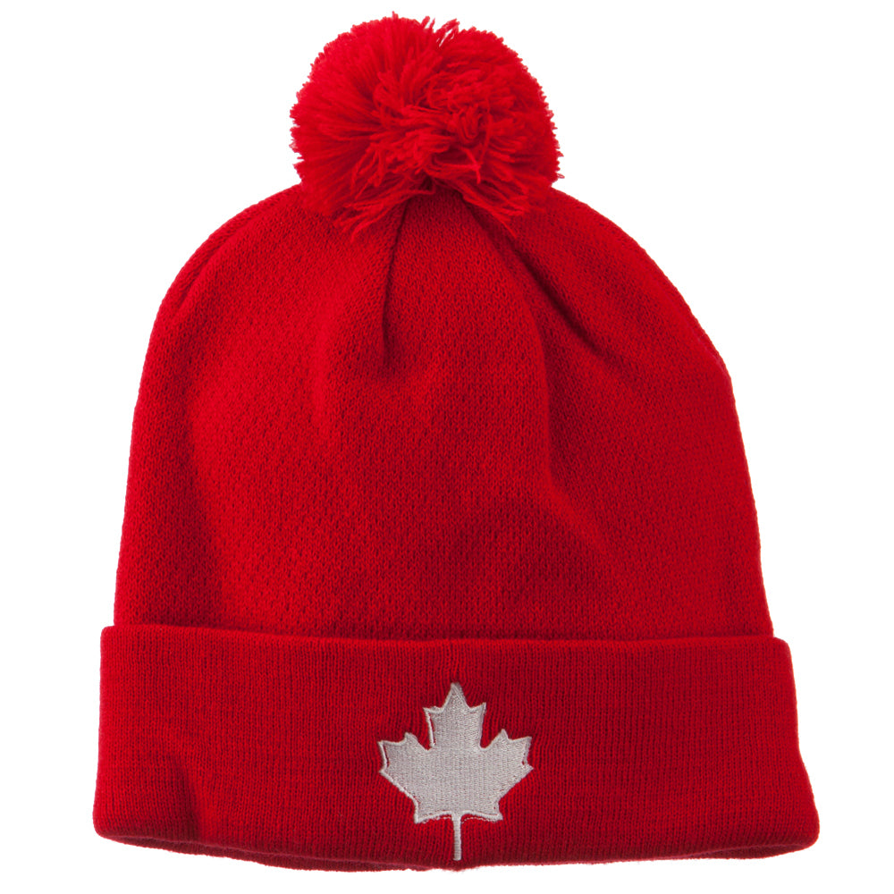 Canada Maple Leaf Embroidered Pom Beanie - Red OSFM