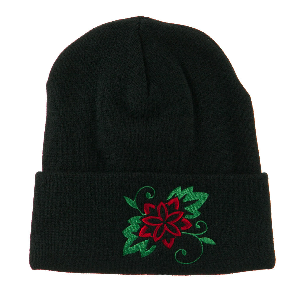 Christmas Poinsettia Flower Embroidered Long Beanie - Black OSFM