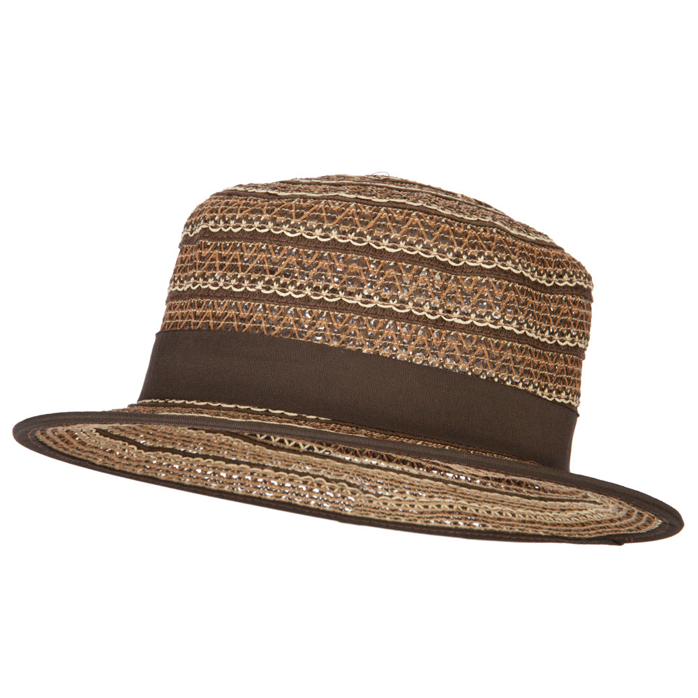 Women&#039;s Crochet Weave Paper Braid Boater Hat - Brown Combo OSFM