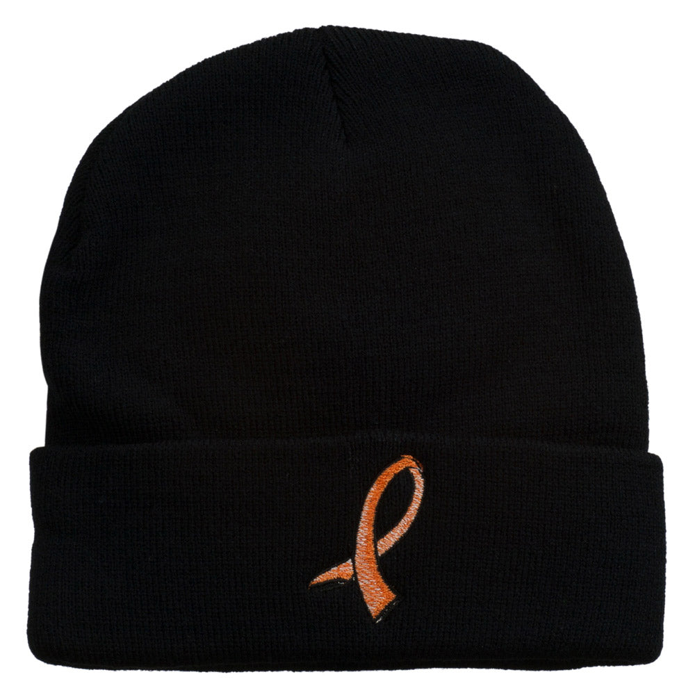 Cancer Color Ribbon Embroidered Long Beanie - Orange OSFM