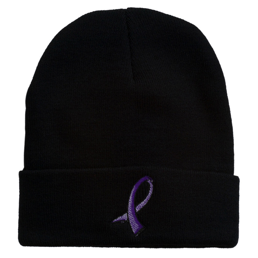 Cancer Color Ribbon Embroidered Long Beanie - Purple OSFM