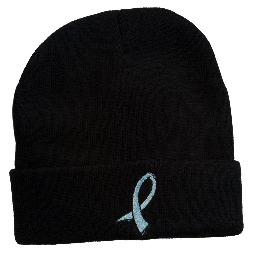 Cancer Color Ribbon Embroidered Long Beanie - Light Blue OSFM