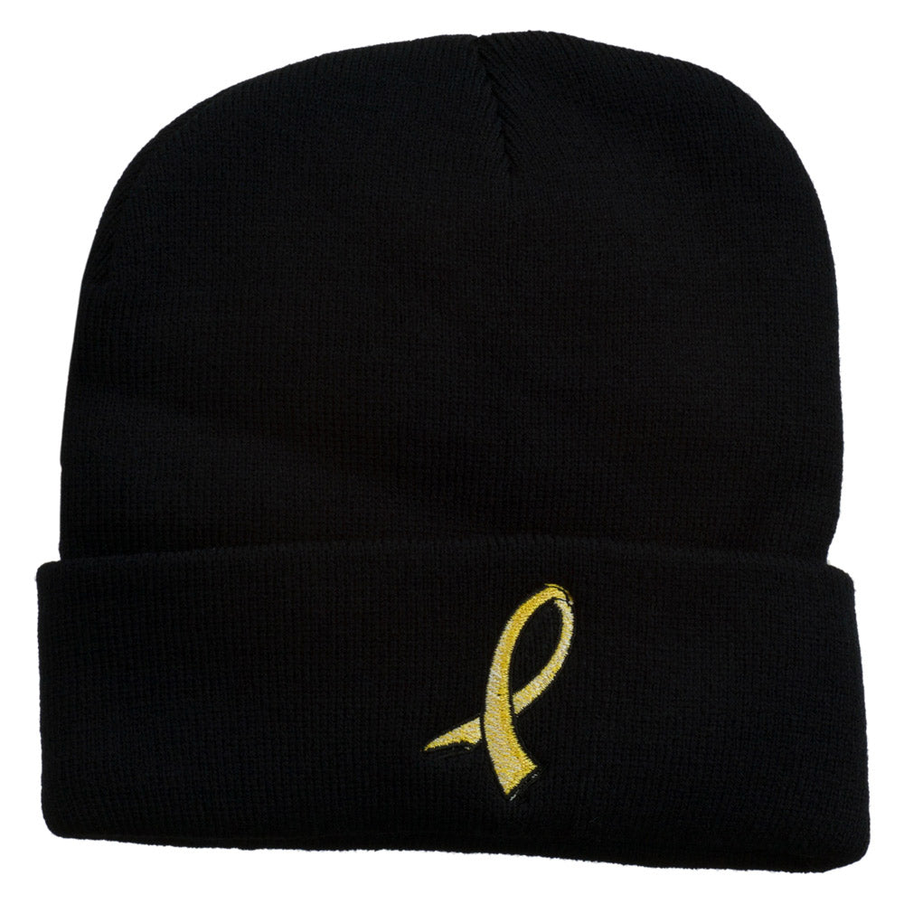 Cancer Color Ribbon Embroidered Long Beanie - Yellow OSFM