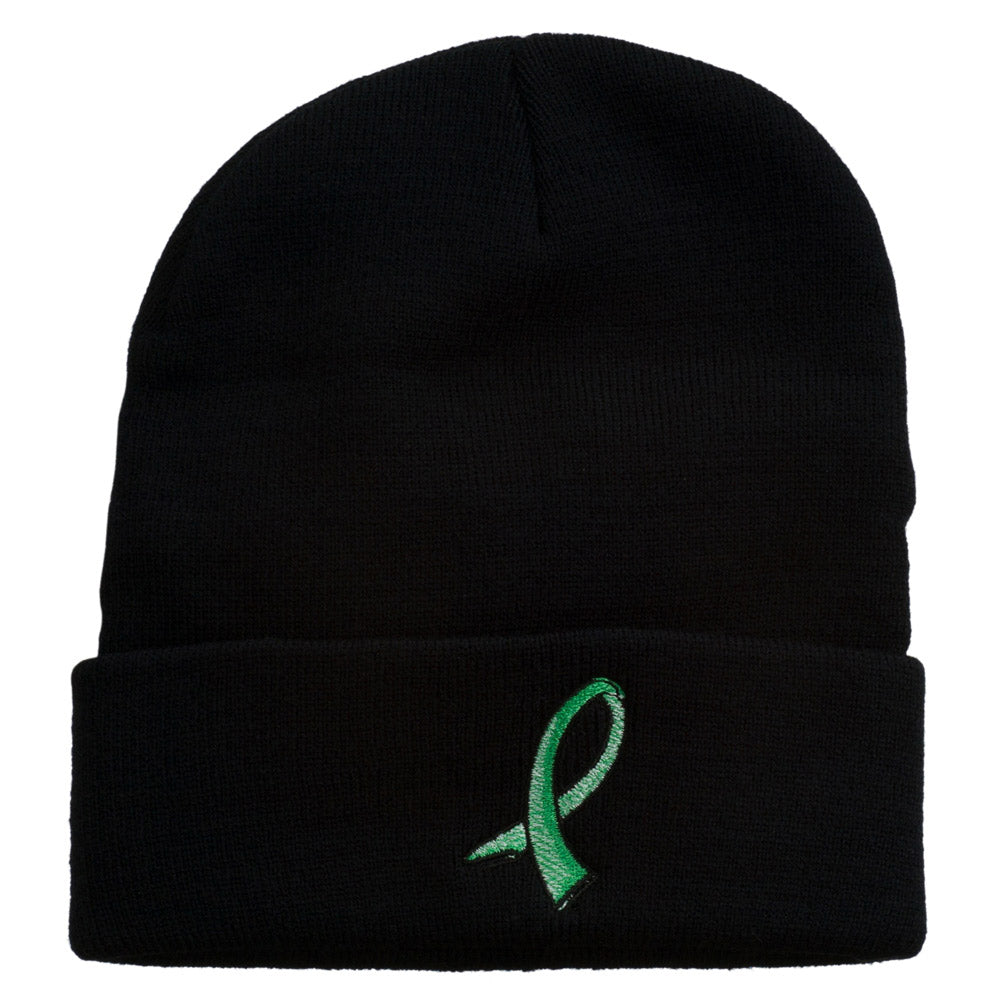 Cancer Color Ribbon Embroidered Long Beanie - Emerald OSFM