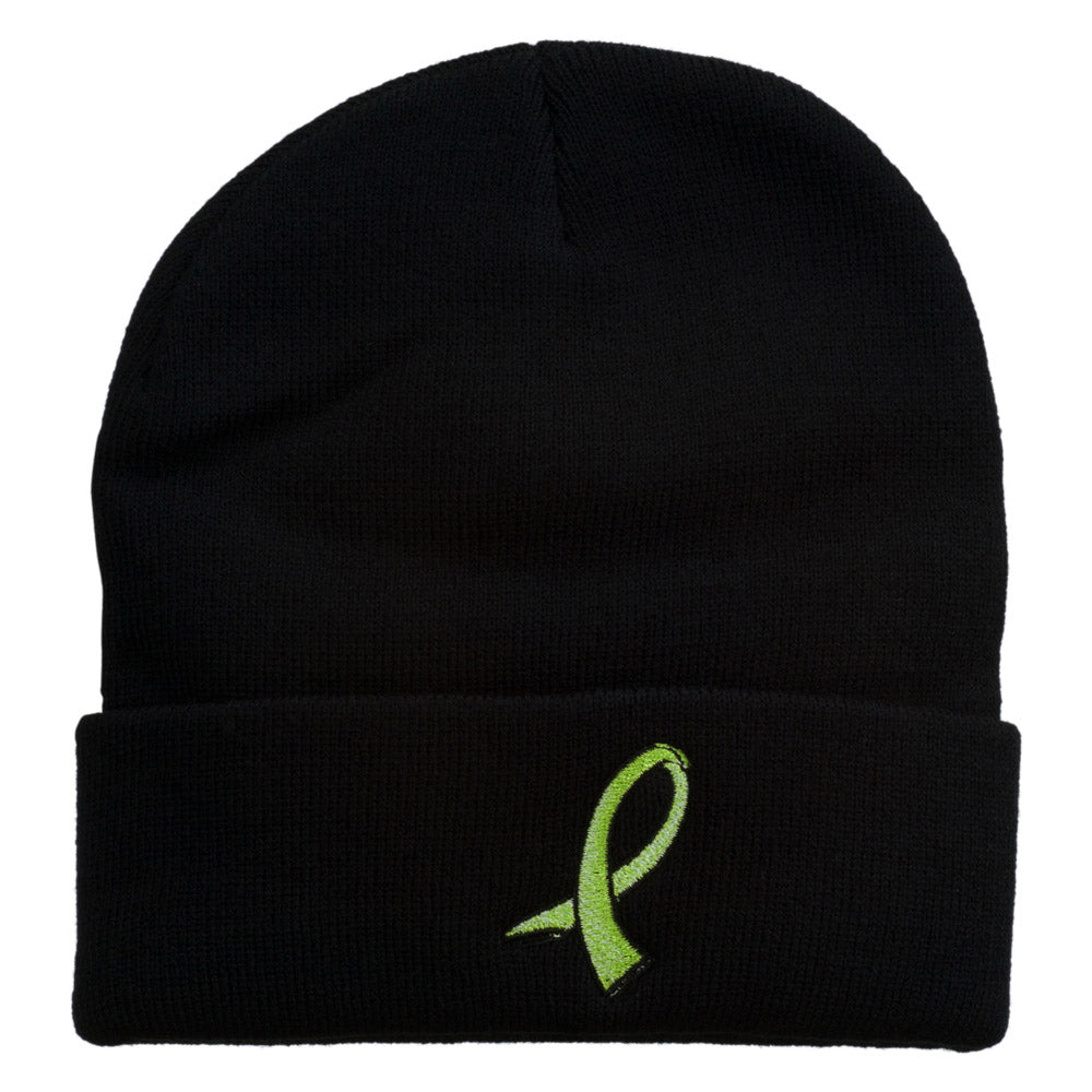 Cancer Color Ribbon Embroidered Long Beanie - Lime OSFM