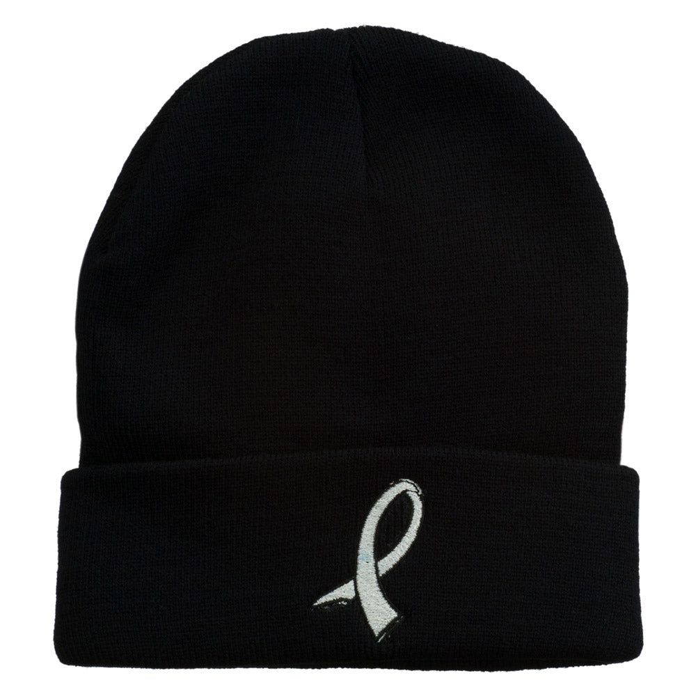 Cancer Color Ribbon Embroidered Long Beanie - White OSFM