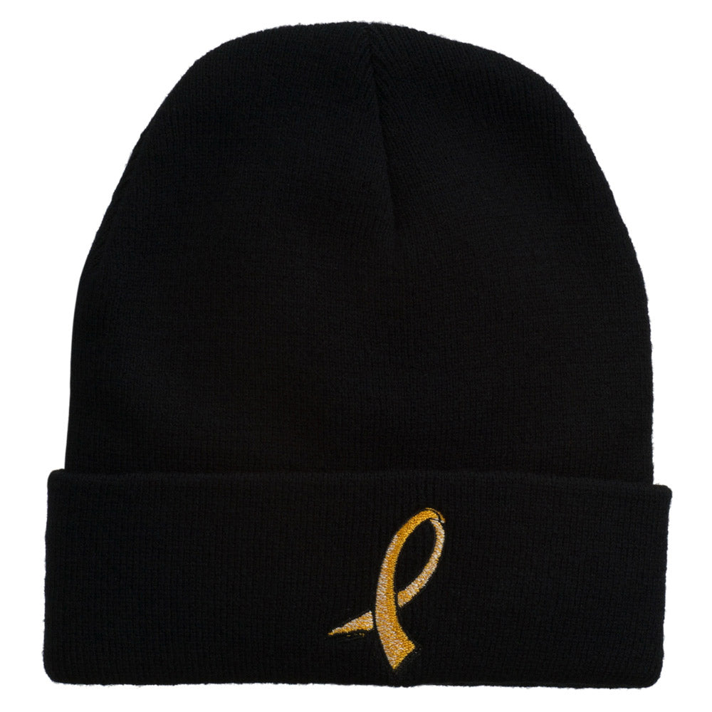 Cancer Color Ribbon Embroidered Long Beanie - Gold OSFM