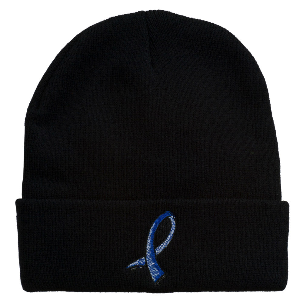Cancer Color Ribbon Embroidered Long Beanie - Dark Blue OSFM