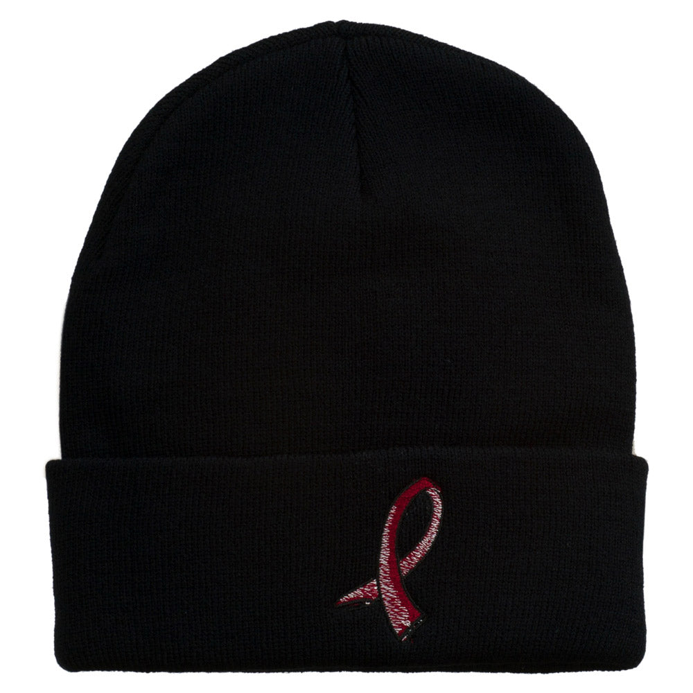 Cancer Color Ribbon Embroidered Long Beanie - Burgundy OSFM
