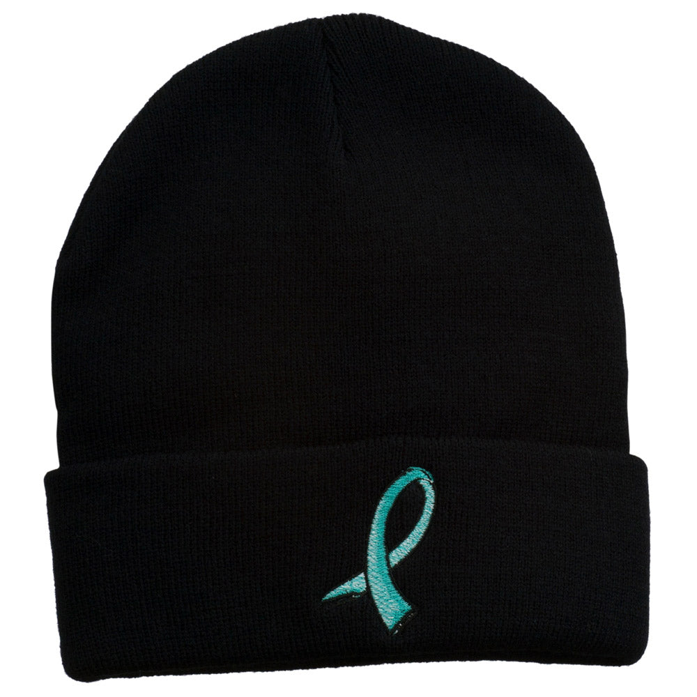 Cancer Color Ribbon Embroidered Long Beanie - Teal OSFM