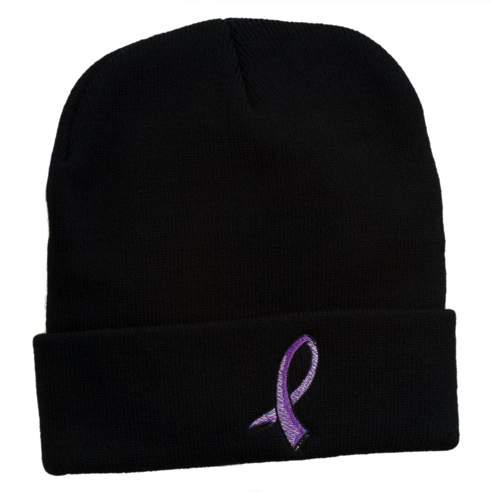 Cancer Color Ribbon Embroidered Long Beanie - Orchid OSFM