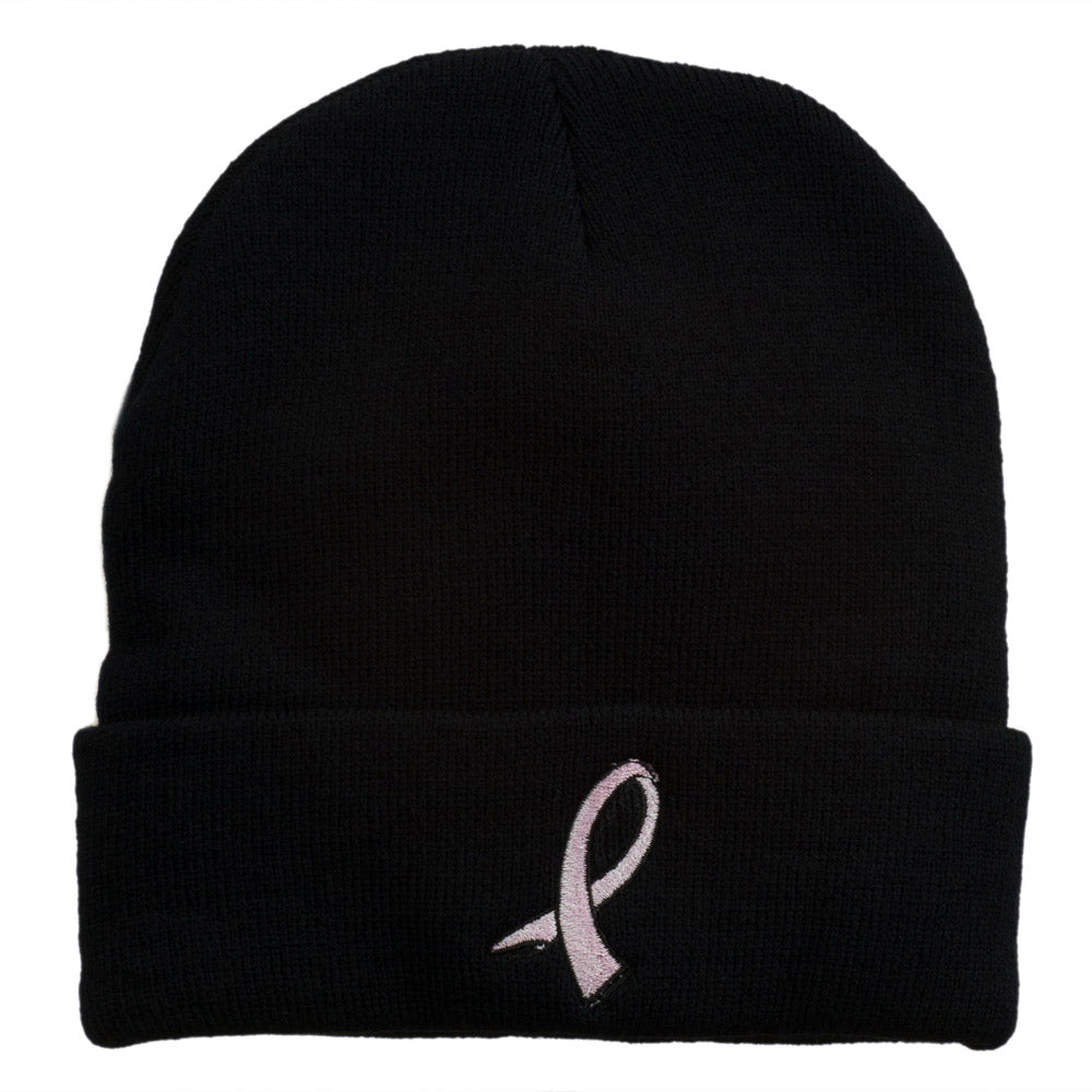 Cancer Color Ribbon Embroidered Long Beanie - Peach OSFM