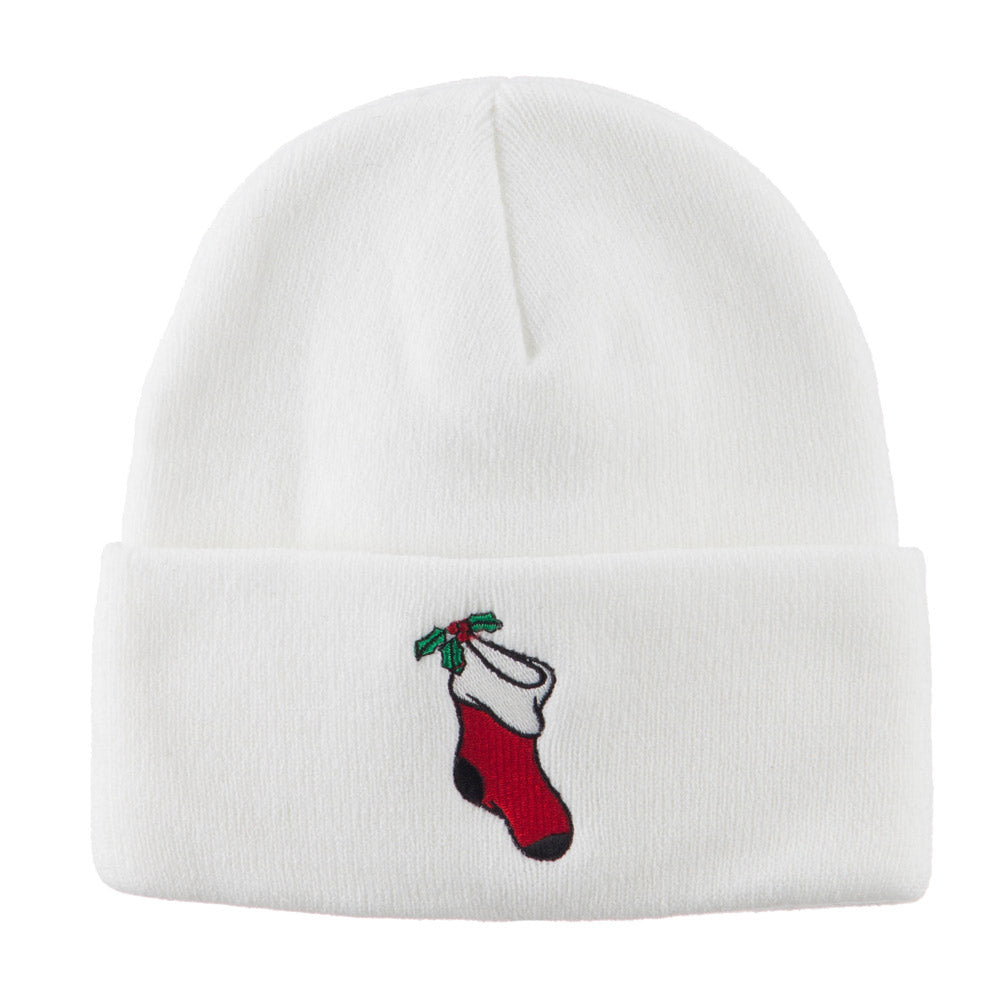 Christmas Stocking with Mistletoe Embroidered Long Beanie - White OSFM