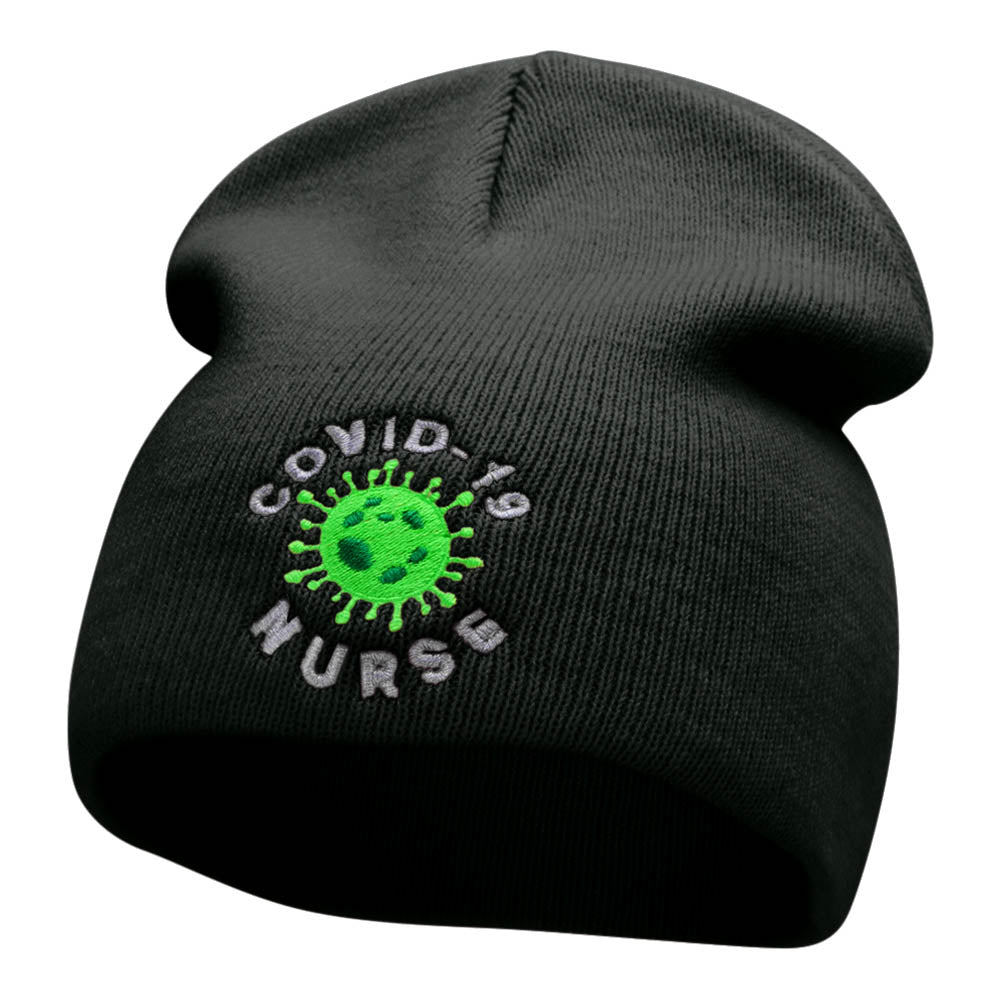 Covid Nurse Symbol Embroidered Short Knitted Beanie - Black OSFM