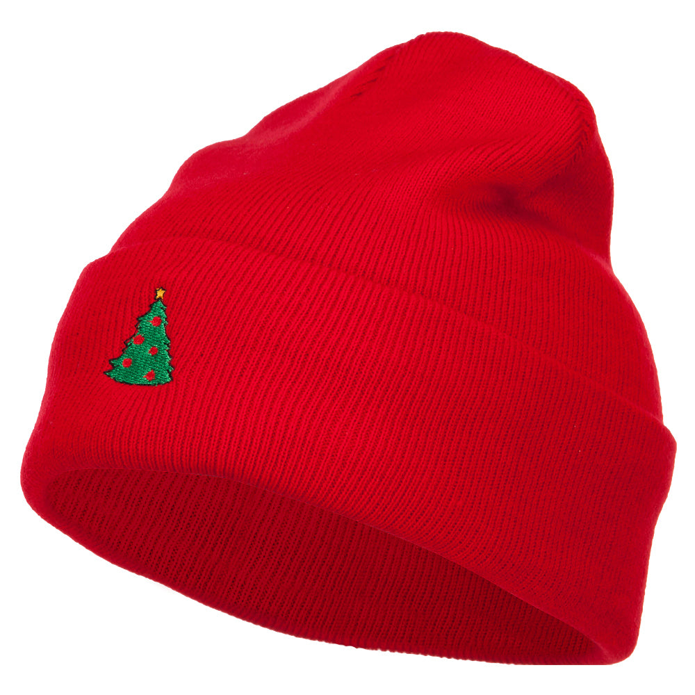 Christmas Tree Embroidered Long Beanie - Red OSFM