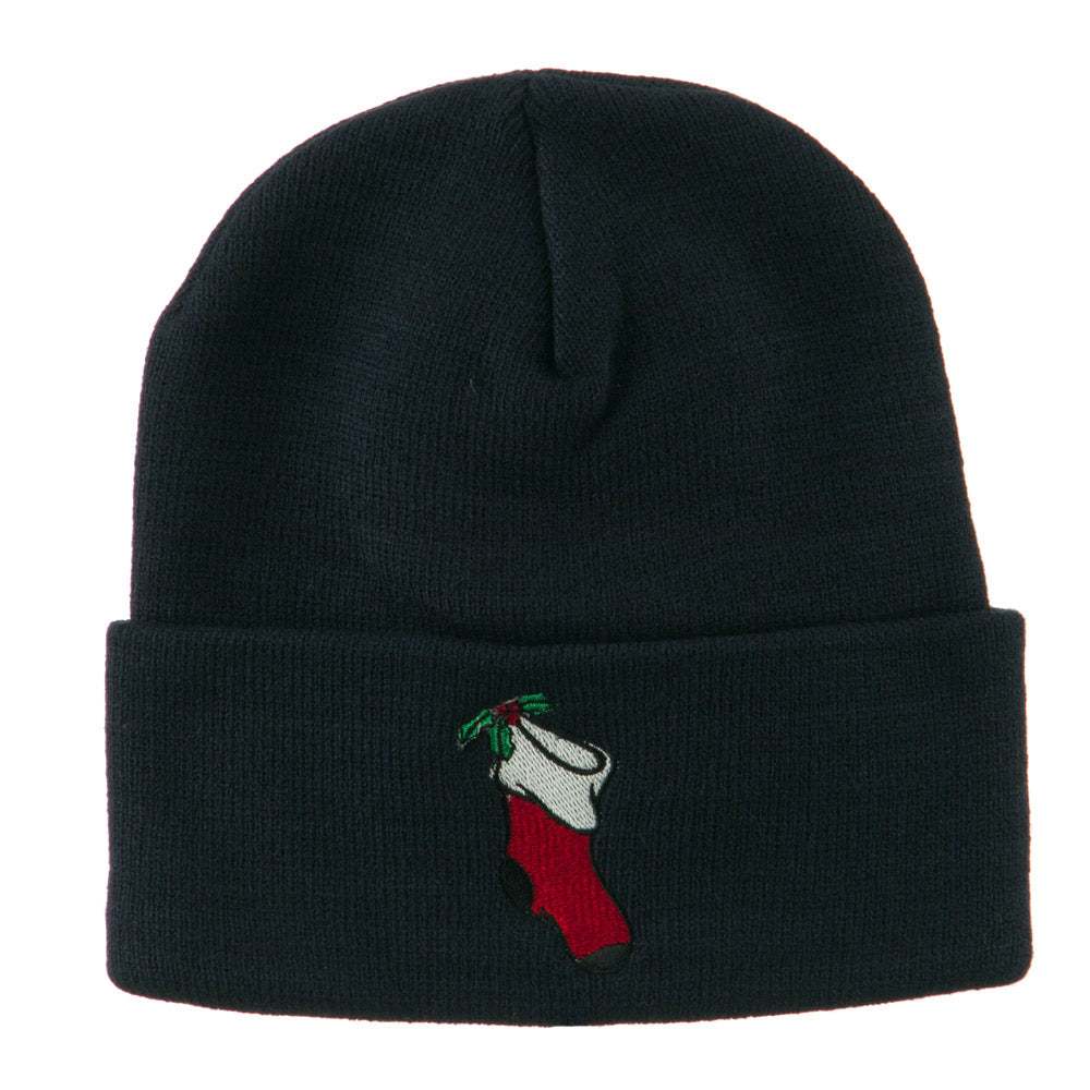 Christmas Stocking with Mistletoe Embroidered Long Beanie - Navy OSFM