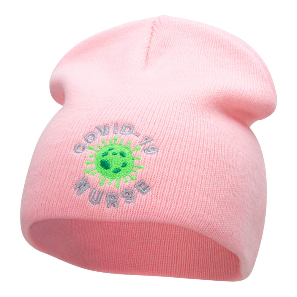 Covid Nurse Symbol Embroidered Short Knitted Beanie - Pink OSFM