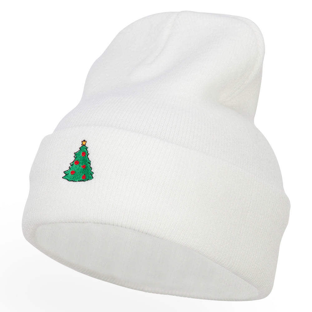 Christmas Tree Embroidered Long Beanie - White OSFM
