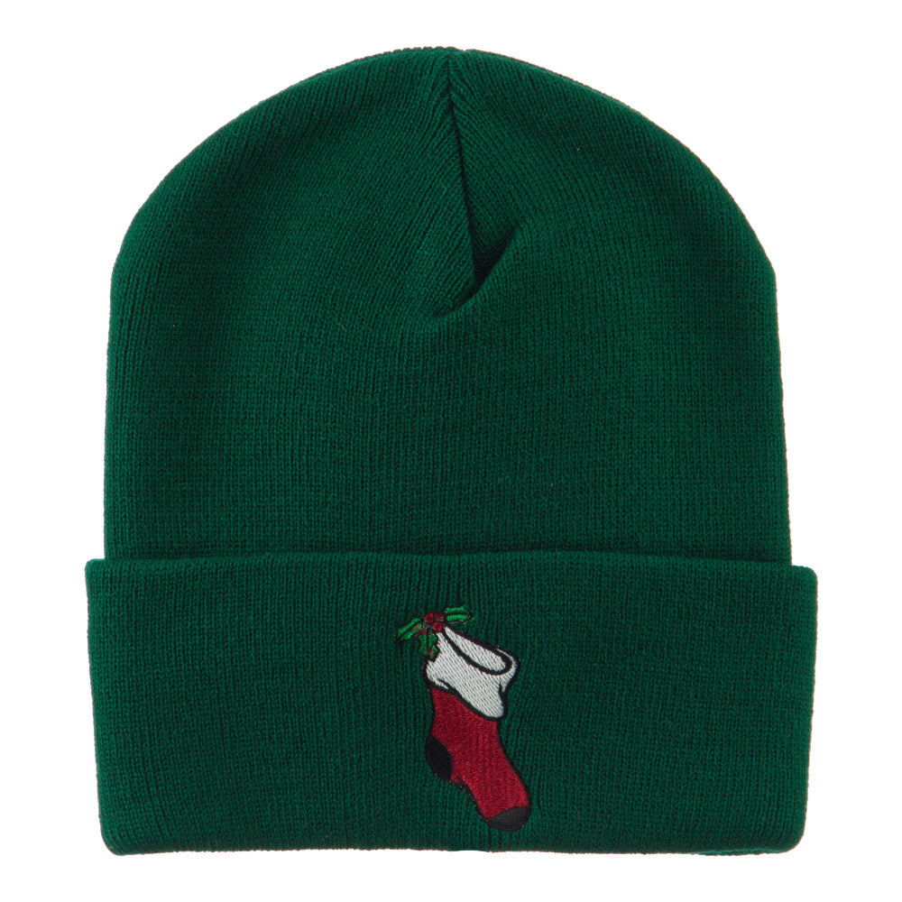 Christmas Stocking with Mistletoe Embroidered Long Beanie - Green OSFM
