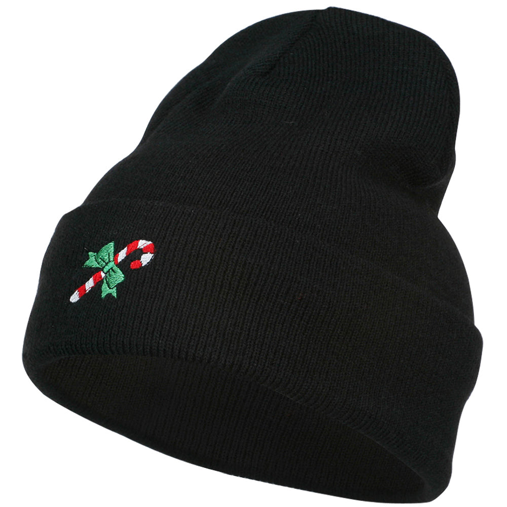 Christmas Candy Cane Embroidered Long Beanie - Black OSFM