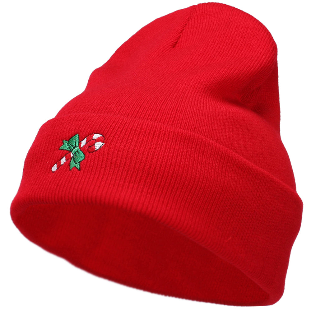 Christmas Candy Cane Embroidered Long Beanie - Red OSFM
