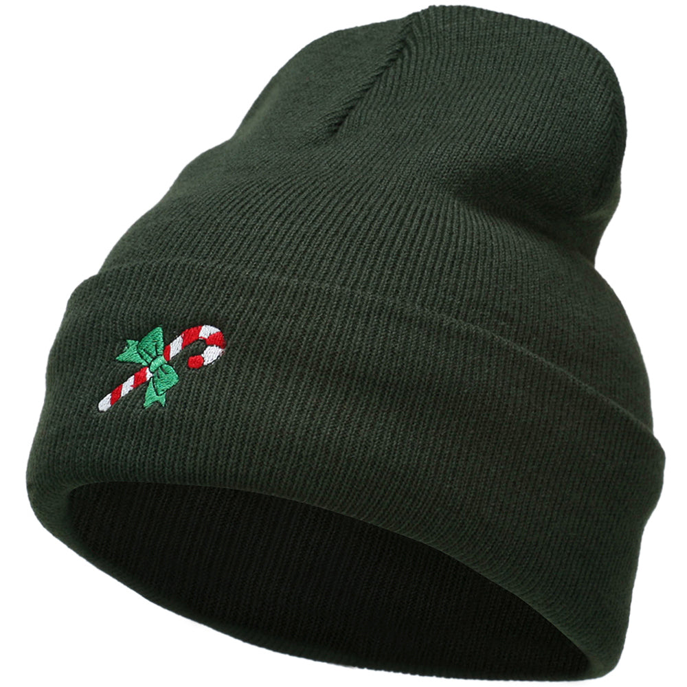 Christmas Candy Cane Embroidered Long Beanie - Olive OSFM