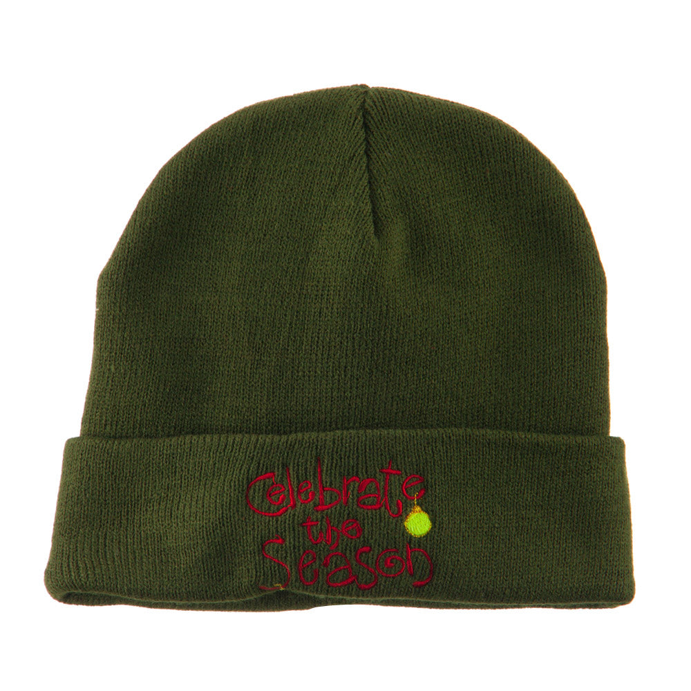 Celebrate the Season with Ornaments Embroidered Beanie - Olive OSFM