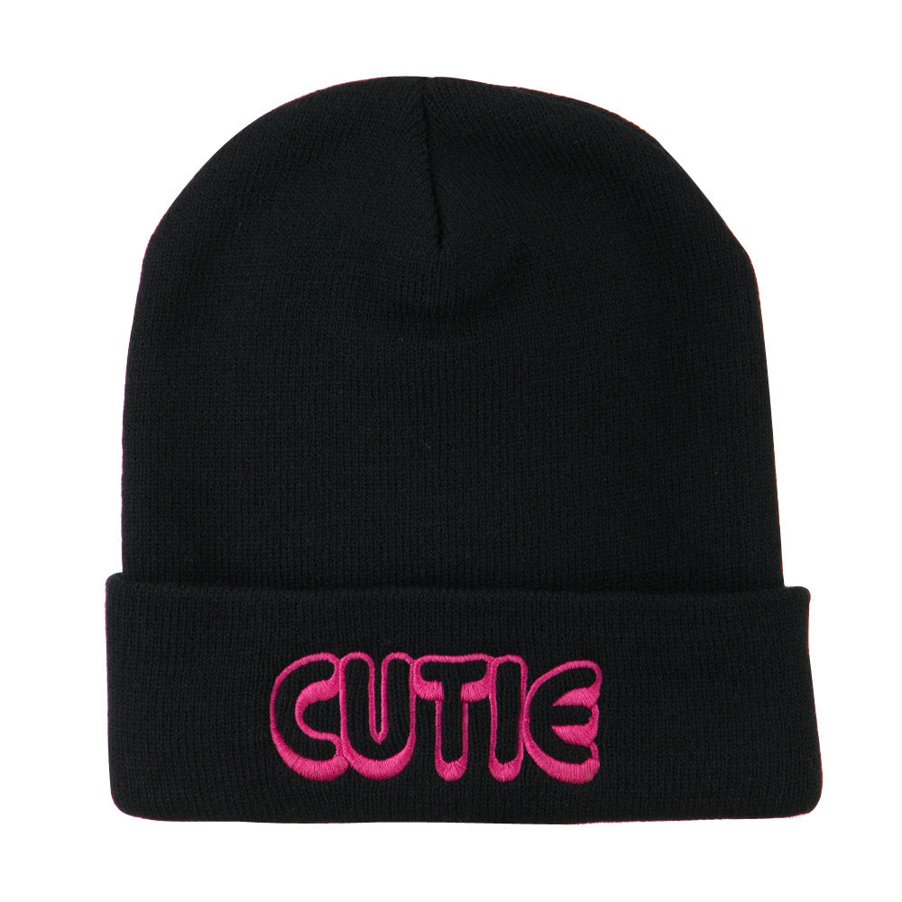 Wording of Cutie Embroidered Beanie - Black OSFM