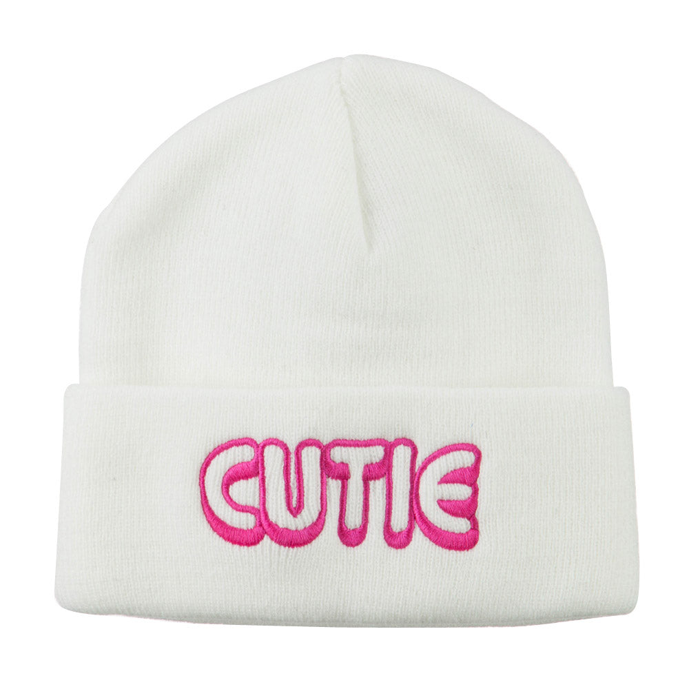 Wording of Cutie Embroidered Beanie - White OSFM