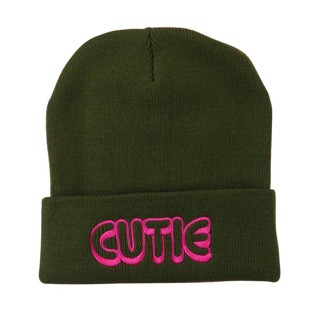 Wording of Cutie Embroidered Beanie - Olive OSFM