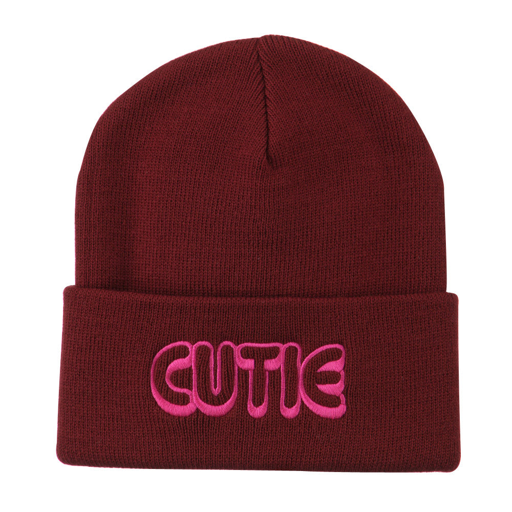 Wording of Cutie Embroidered Beanie - Maroon OSFM