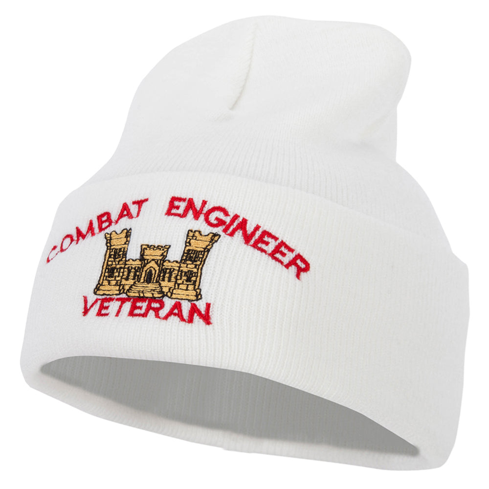 Combat Engineer Veteran Logo Embroidered 12 Inch Long Knitted Beanie - White OSFM